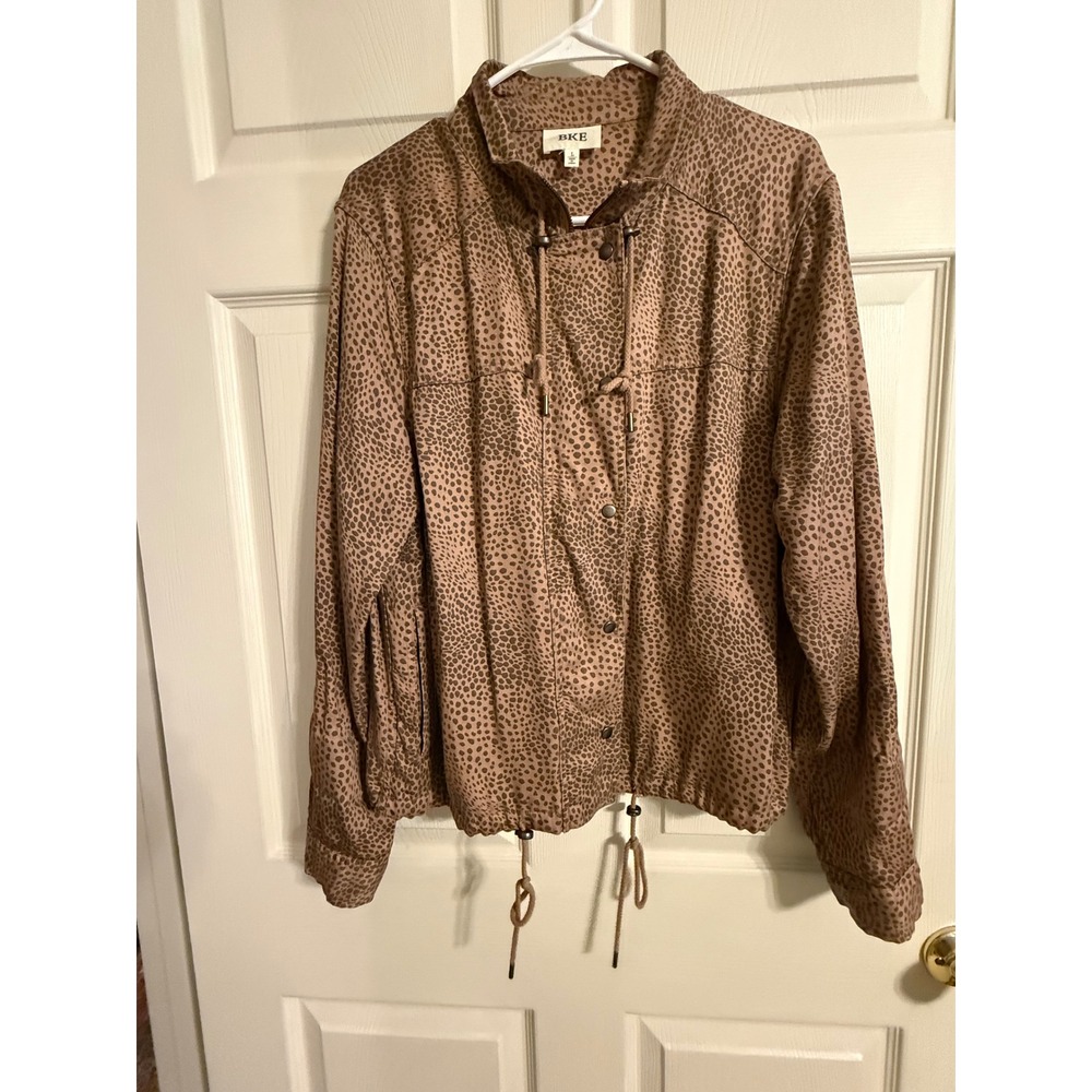 BKE Womens Leopard Print Utility Jacket Tan Brown Zip Snap Front Size L